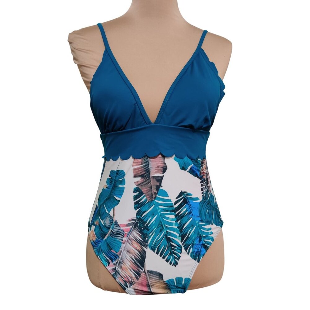 Womens Swimsuit One Piece Scalloped V Neck Tropical Print Teal Blue White Size L